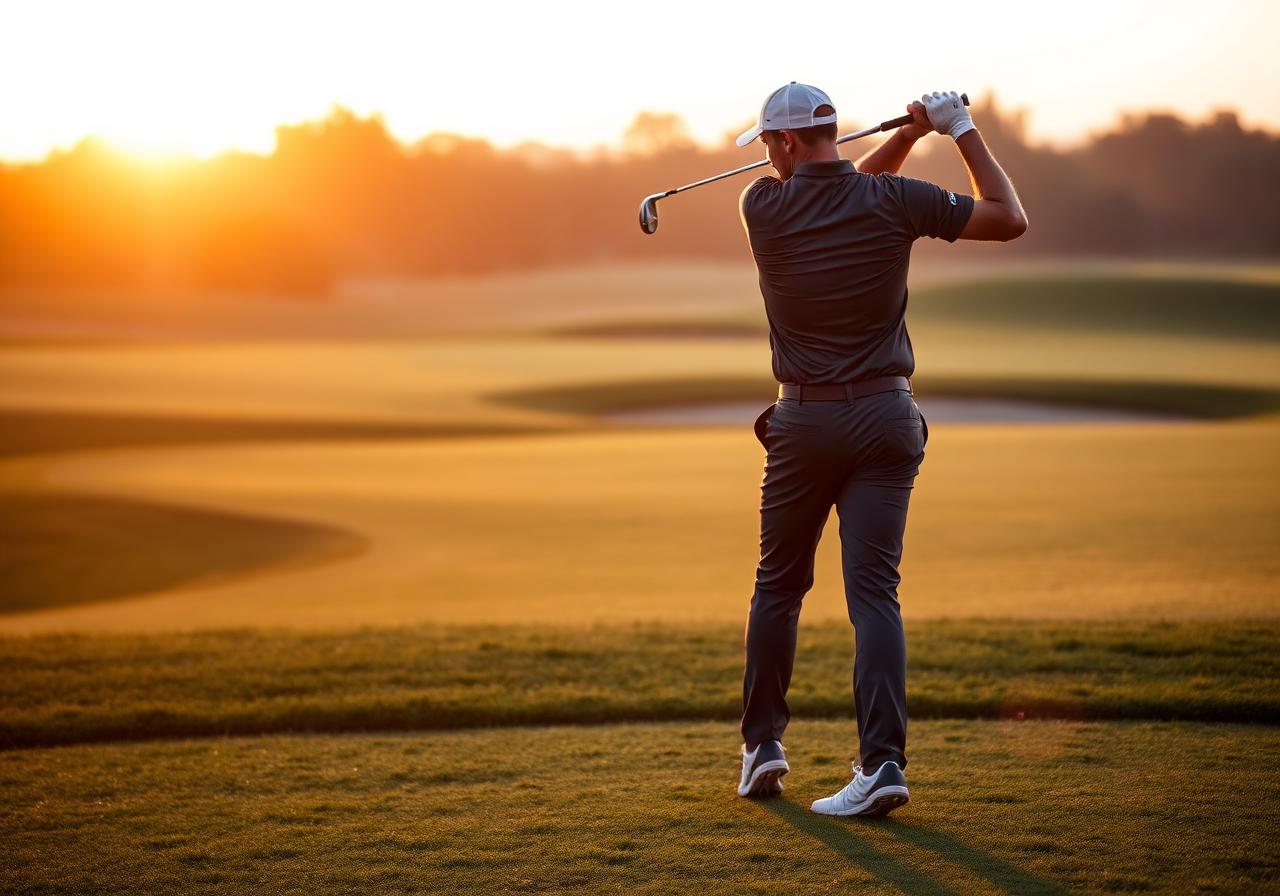 Golfspieler beim Schwung in der Abendsonne — Beweglichkeit und Schwungoptimierung