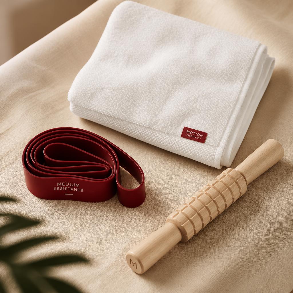 Therapieutensilien: Handtuch, Widerstandsband und Holzroller
