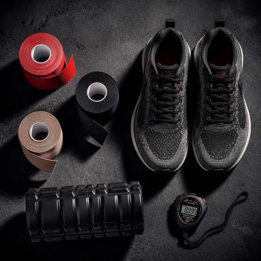 Sport-Equipment: Tape, Laufschuhe, Faszienrolle und Stoppuhr
